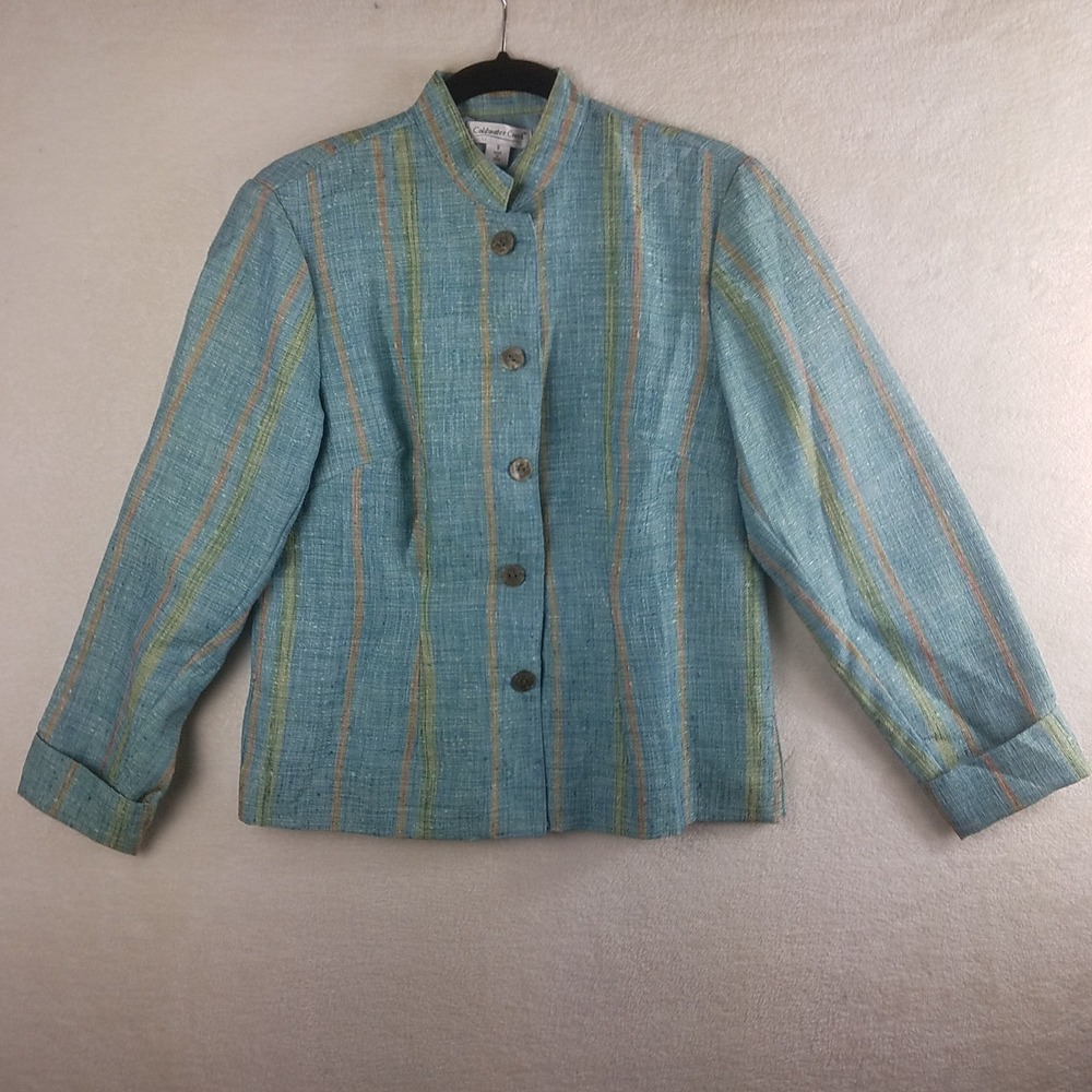 Coldwater Creek Womens Small Blue Green Striped Mandarin Collar Button‎ Jacket